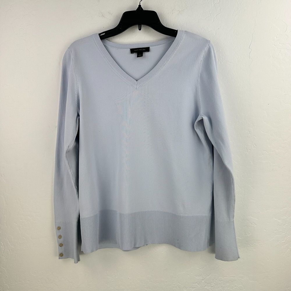 Ann Taylor Top Womens‎ Large Blue Nylon Stretch Vneck Button Sleeve Minimalist